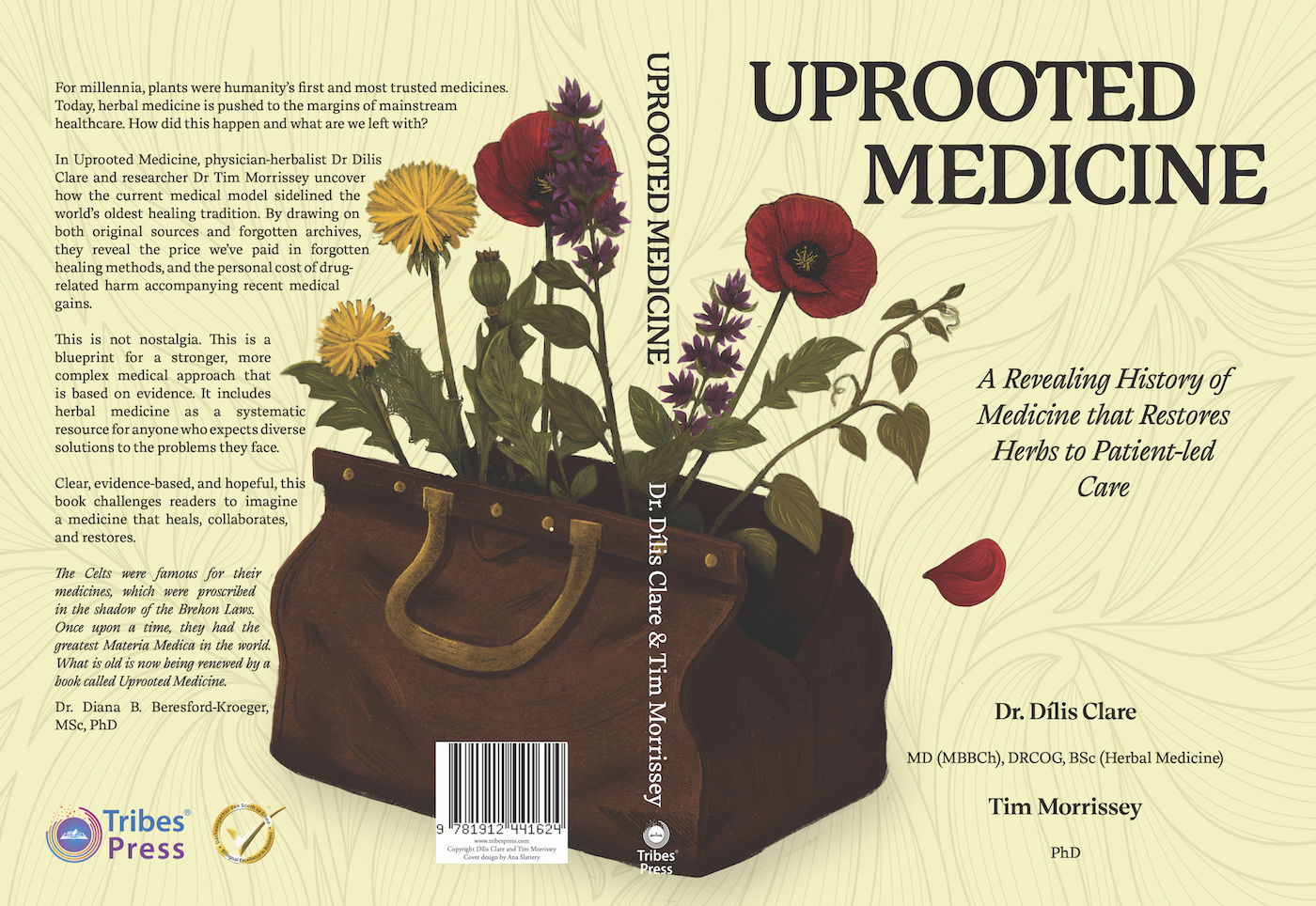 Uprooted Medicine book cover showing herbalist’s bag filled with illustrated medicinal plants including poppy, dandelion, and sage, with authors Dr. Dilis Clare and Tim Morrissey.